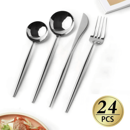 Silverware Set, WeluvFit 24 Piece Stainless Steel Flatware Cutlery Set, Thick Metal Tableware Eating Utensils Include Forks Spoons Knives, Square Edge Silverware Set, WeluvFit 24 Piece Stainless Steel Flatware Cutlery Set, Thick Metal Tableware Eating Utensils Include Forks Spoons Knives, Square Edge